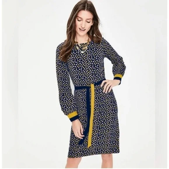 Boden Fawn Jersey Tie-Waist Star Print Dress Stretch Spring Summer Fall Sz 12 L Boden Fawn Jersey Tie-Waist Star Print Dress Stretch Spring Summer Fall Sz 12 L